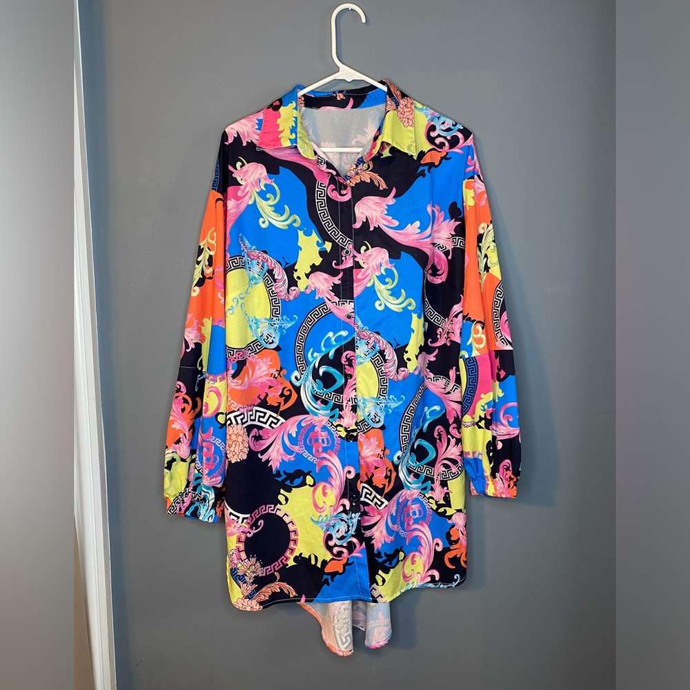 Multi-Color Button Up Long Sleeve Shirt With Matching Belt Tie|Womens Size US XL